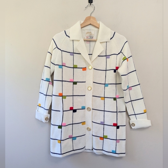 Vintage Colorful Geometric Cardigan Sweater Maximalist Grid Retro - Picture 2 of 12